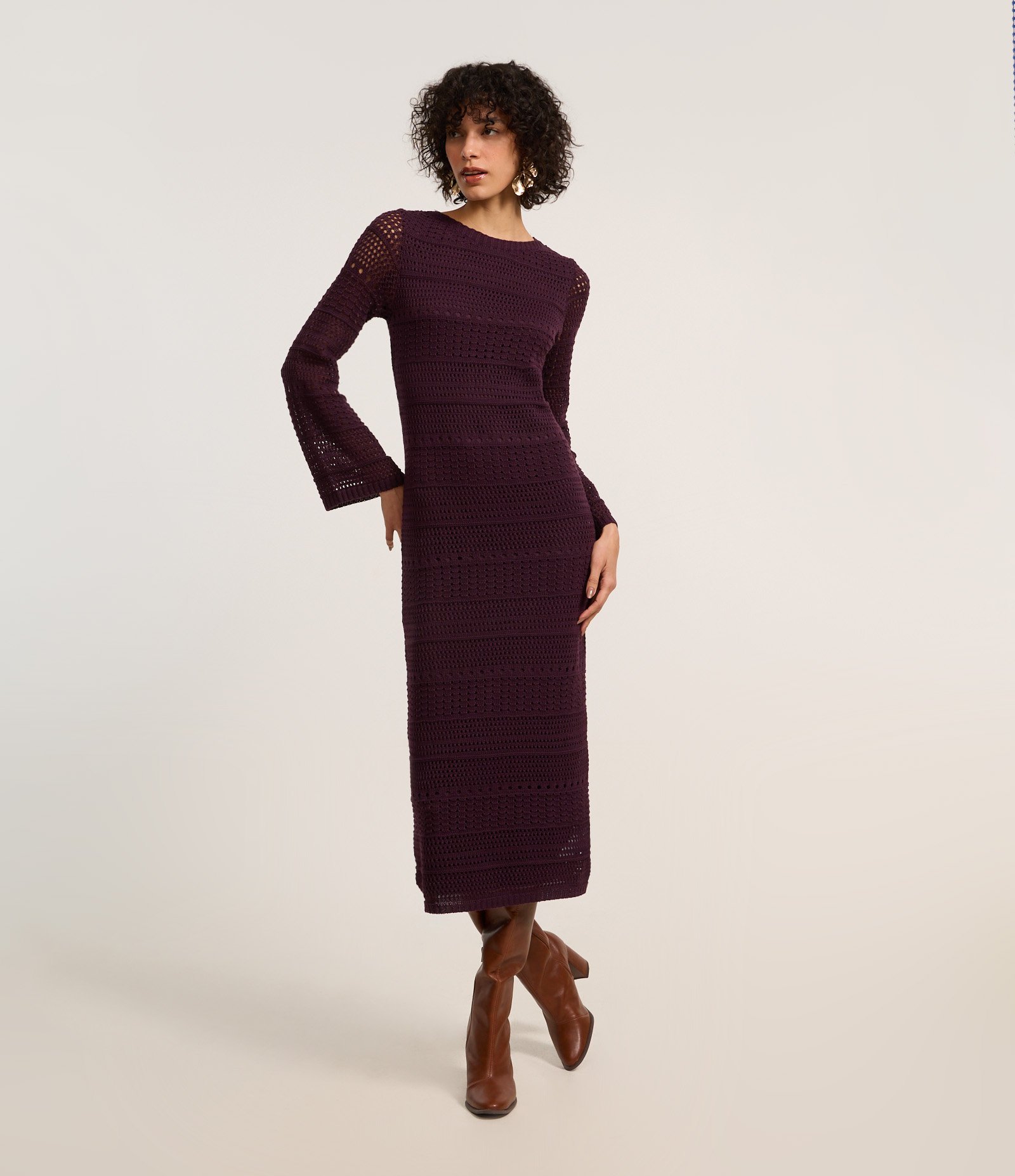 Vestido Long Midi em Tricô com Ponto Vazado nas Mangas Preto 1