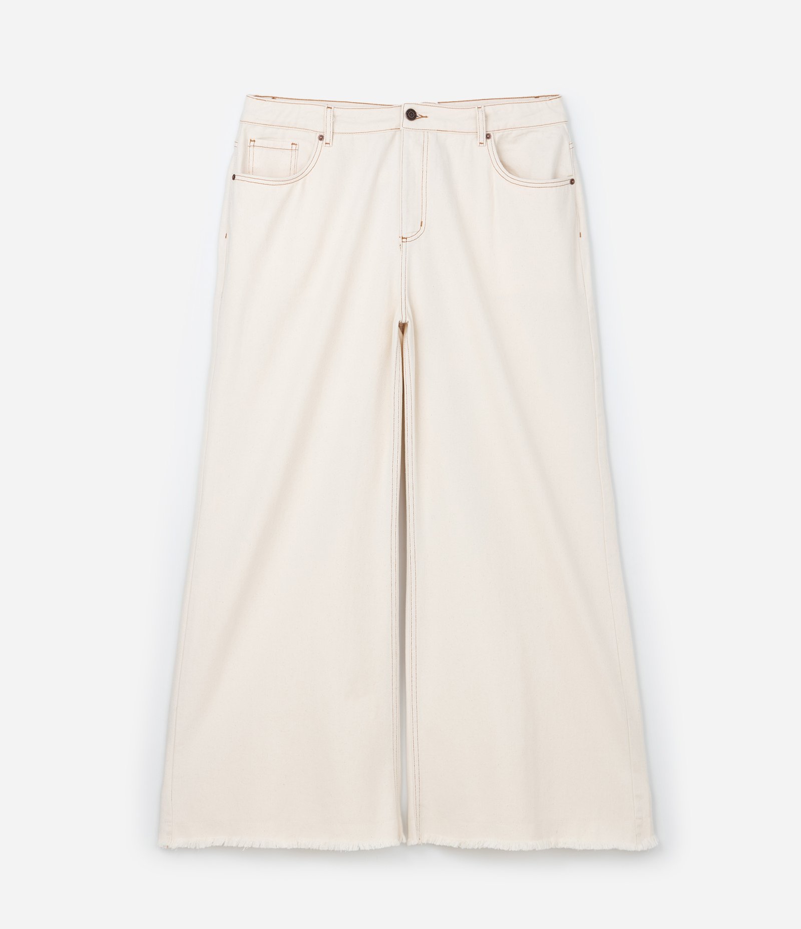 Calça Wide Leg em Sarja com Barra Desfiada Curve & Plus Size Bege 6