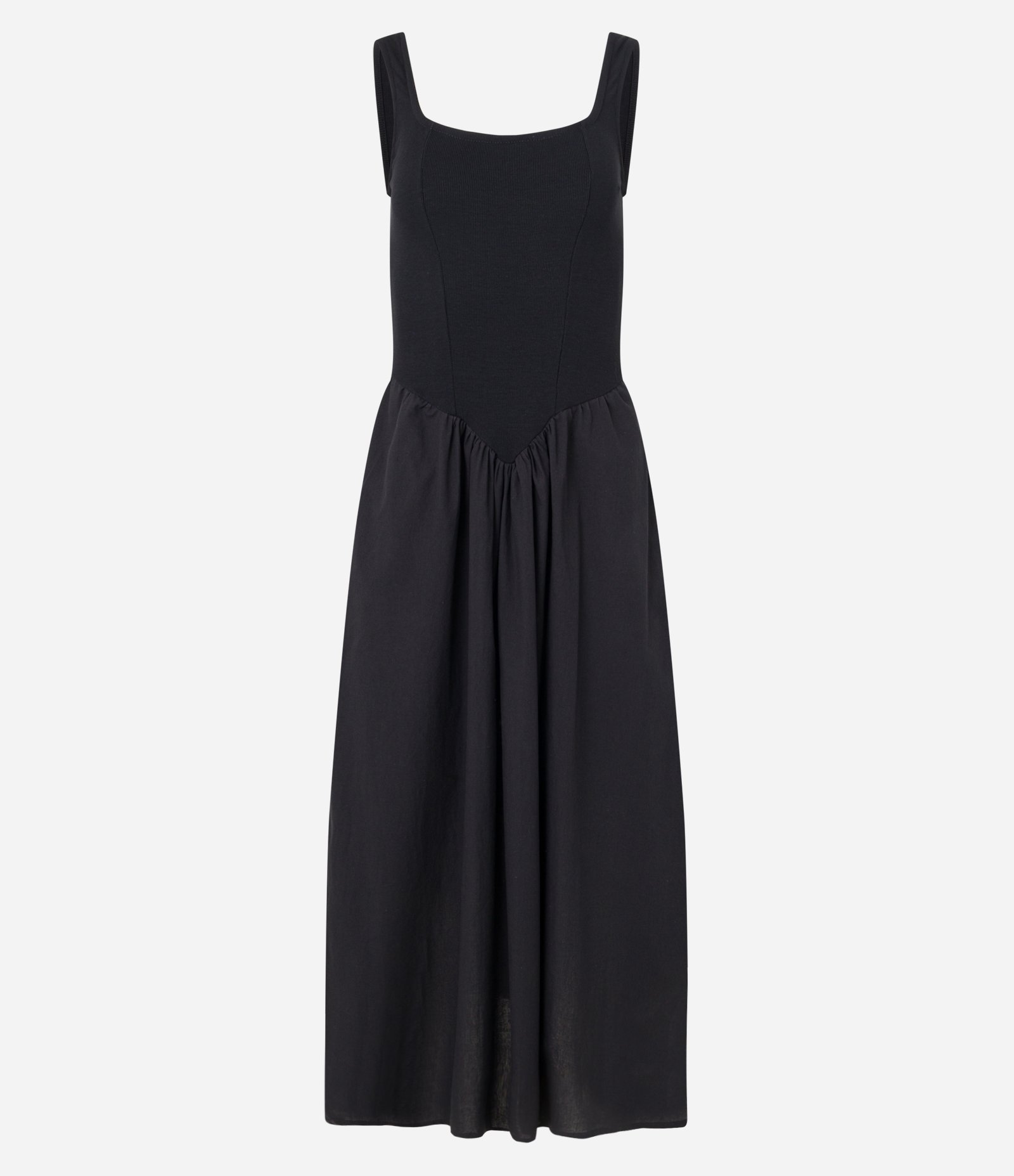 Vestido Longo Corset em Mix de Tecidos e Decote Quadrado Preto 6