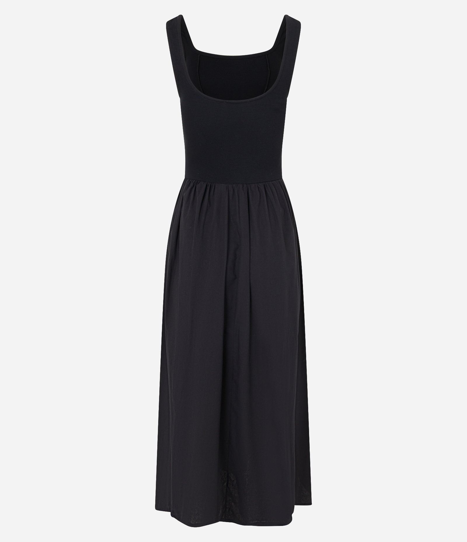 Vestido Longo Corset em Mix de Tecidos e Decote Quadrado Preto 8