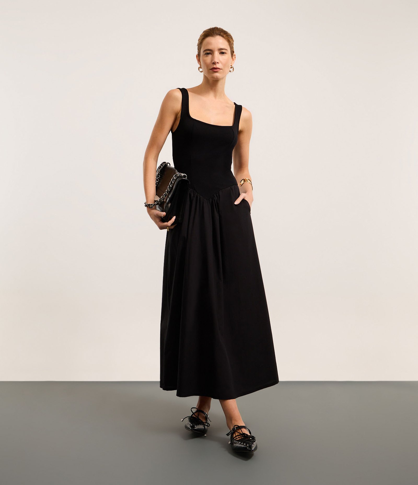 Vestido Longo Corset em Mix de Tecidos e Decote Quadrado Preto 1