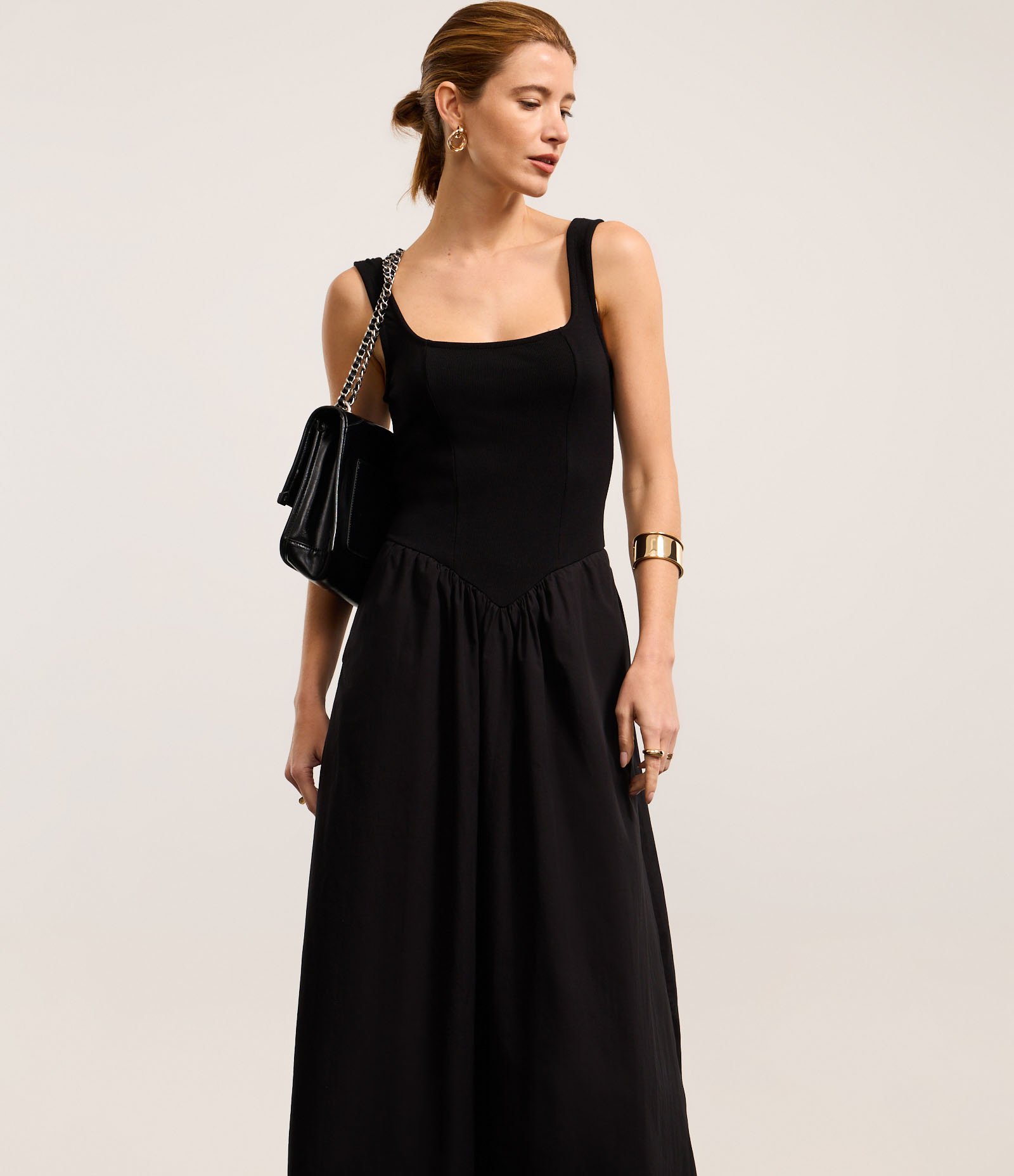 Vestido Longo Corset em Mix de Tecidos e Decote Quadrado Preto 2