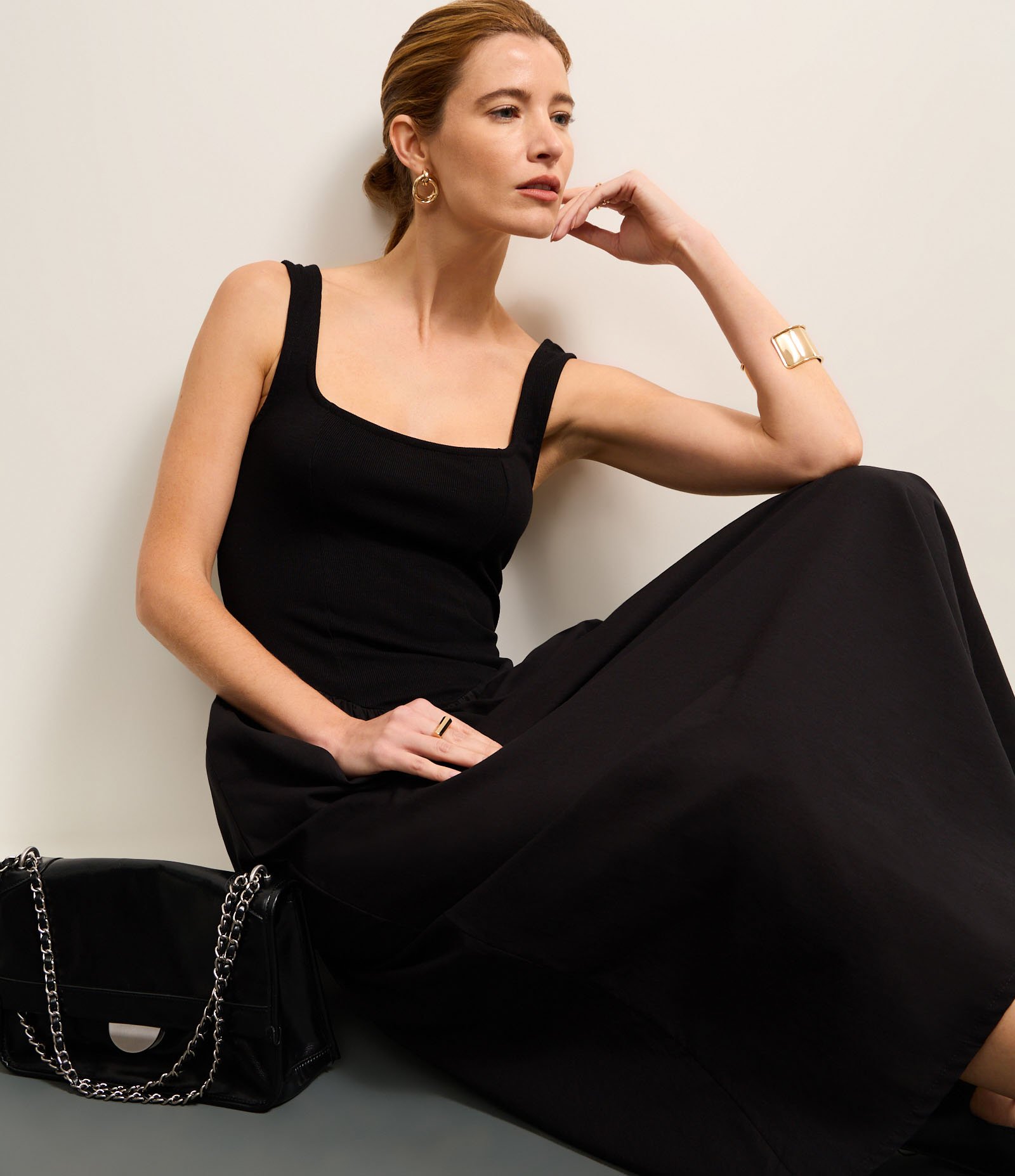 Vestido Longo Corset em Mix de Tecidos e Decote Quadrado Preto 3