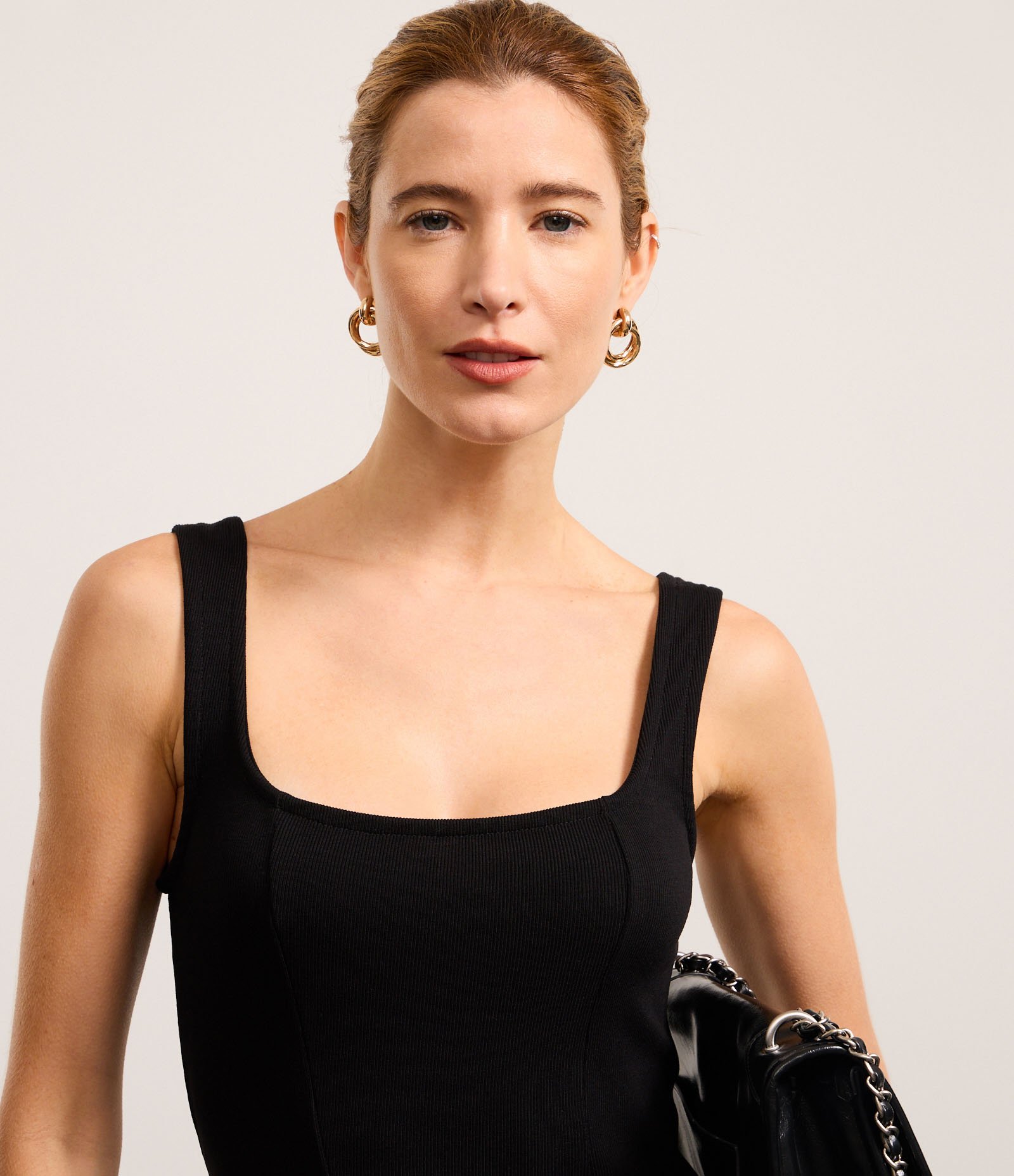 Vestido Longo Corset em Mix de Tecidos e Decote Quadrado Preto 5