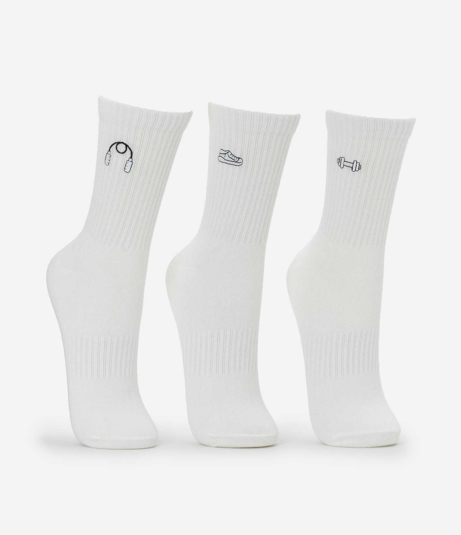 Kit 03 Meias Cano Médio de Algodão com Bordados de Objetos de Academia Branco 2