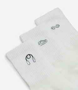 Kit 03 Meias Cano Médio de Algodão com Bordados de Objetos de Academia