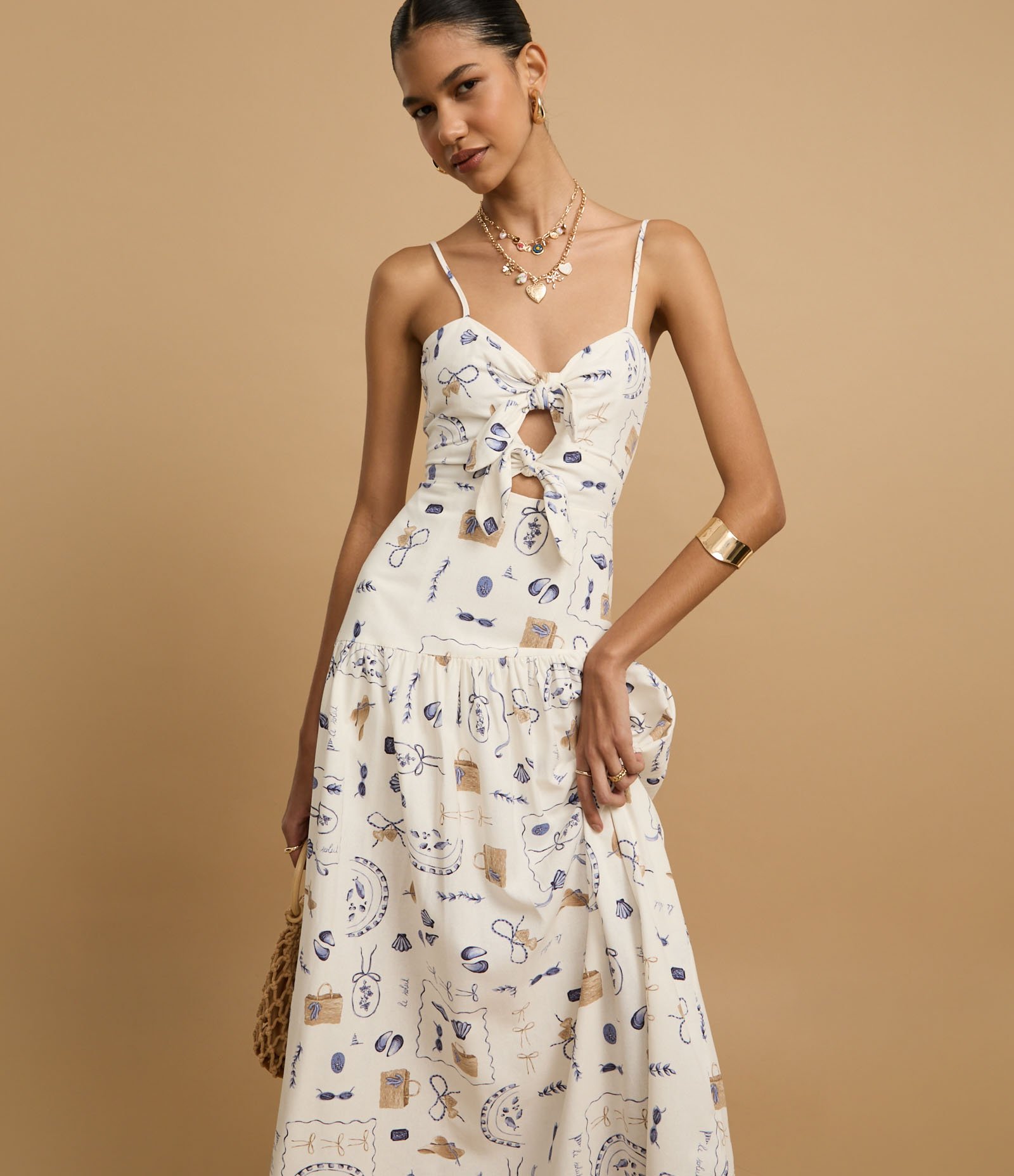 Vestido Evasê Midi em Viscolinho com Estampa Dia na Praia Off White 2