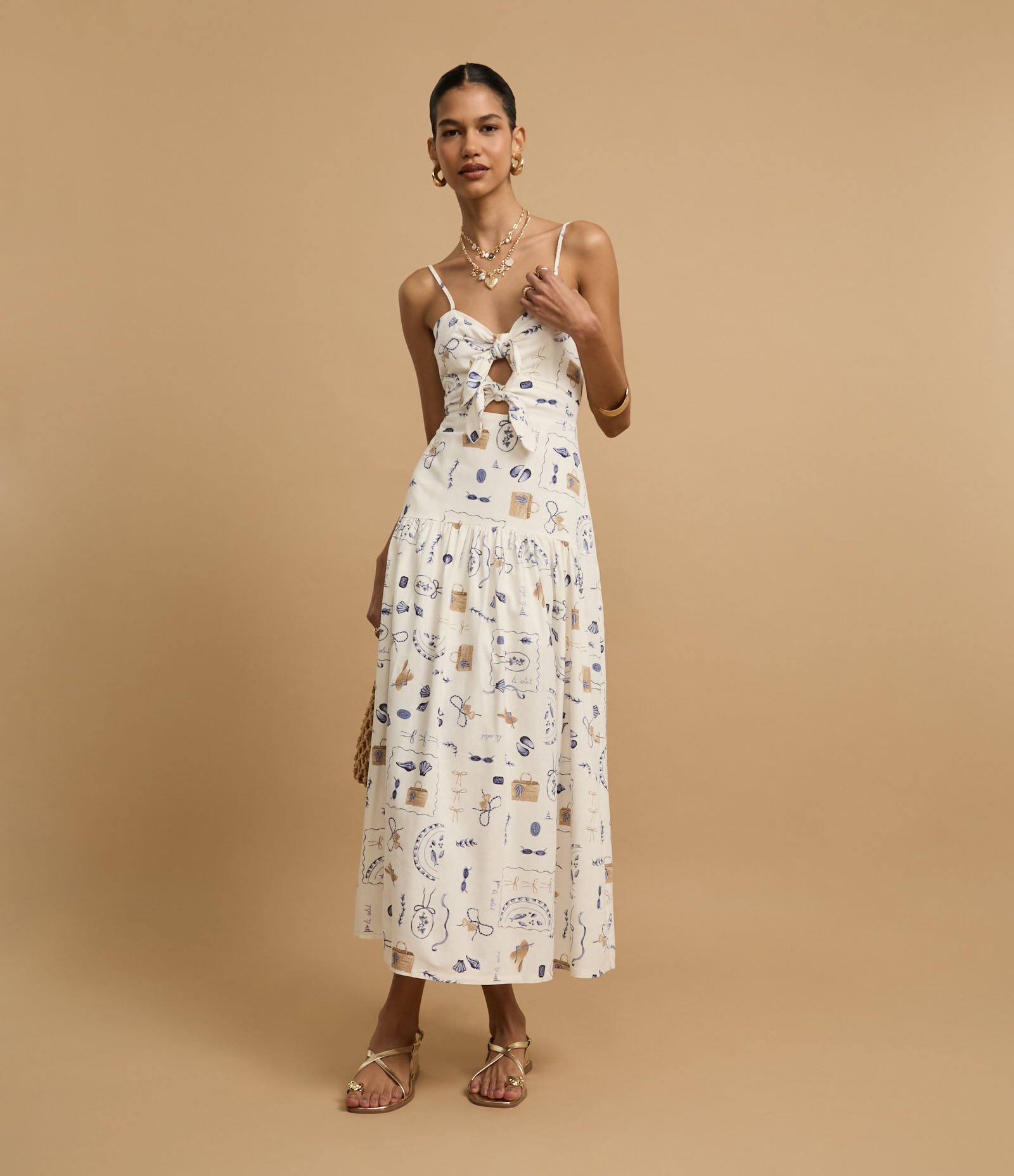 Vestido Evasê Midi em Viscolinho com Estampa Dia na Praia Off White 5