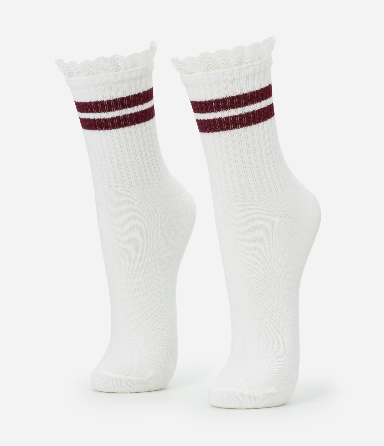 Meia Cano Médio Individual em Algodão com Listras e Babado Branco 1