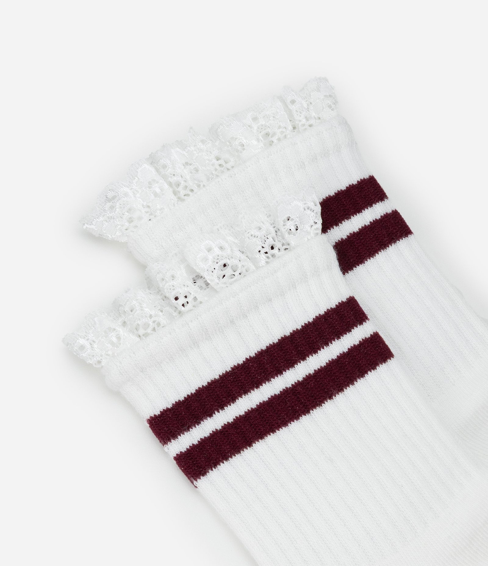 Meia Cano Médio Individual em Algodão com Listras e Babado Branco 4