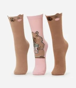 Kit 03 Meias Cano Alto em Algodão com Estampa Capivara Milk Shake