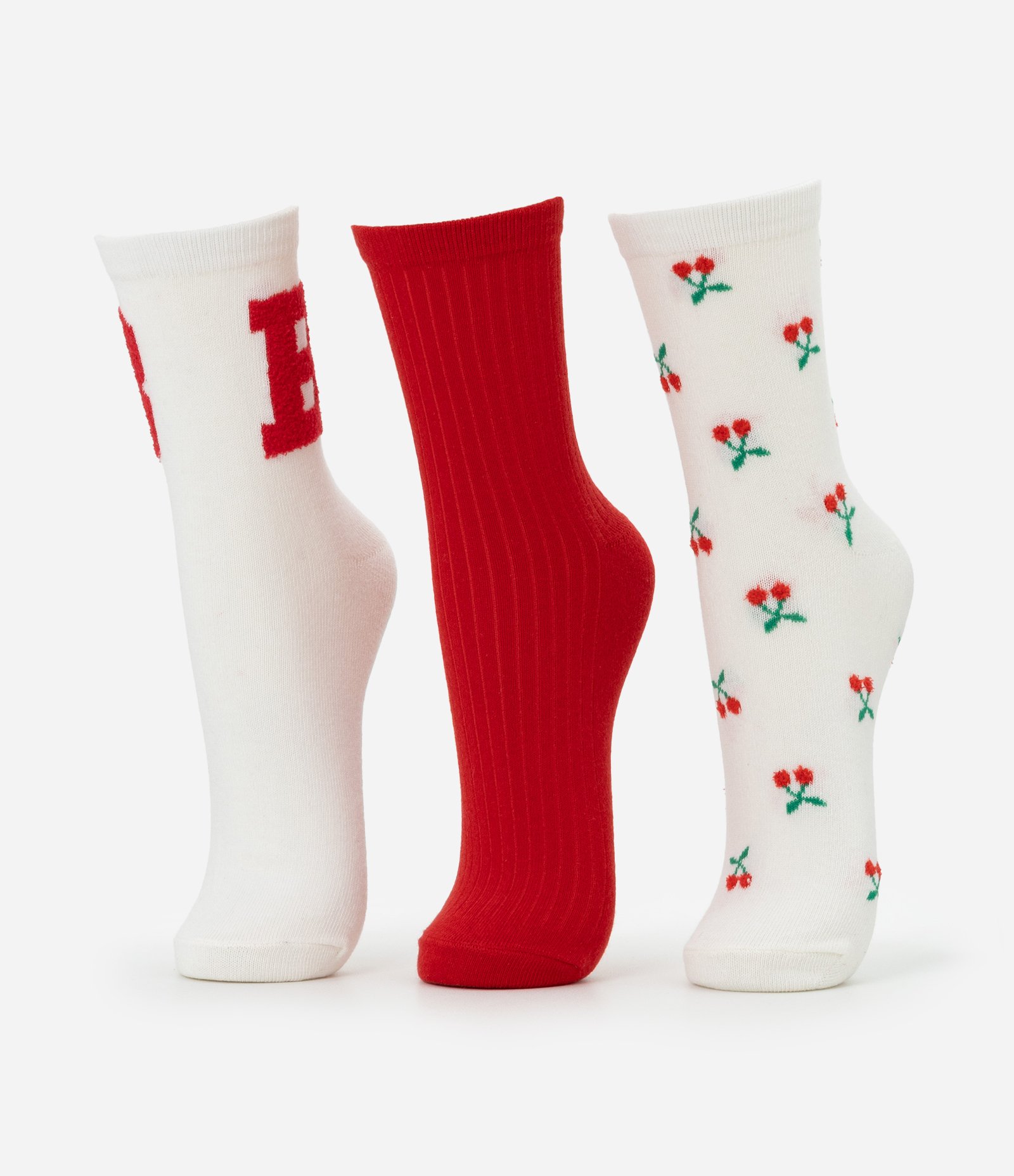 Kit 05 Meias Cano Alto em Algodão com Estampas Fofas Variadas Vermelho/Branco 2