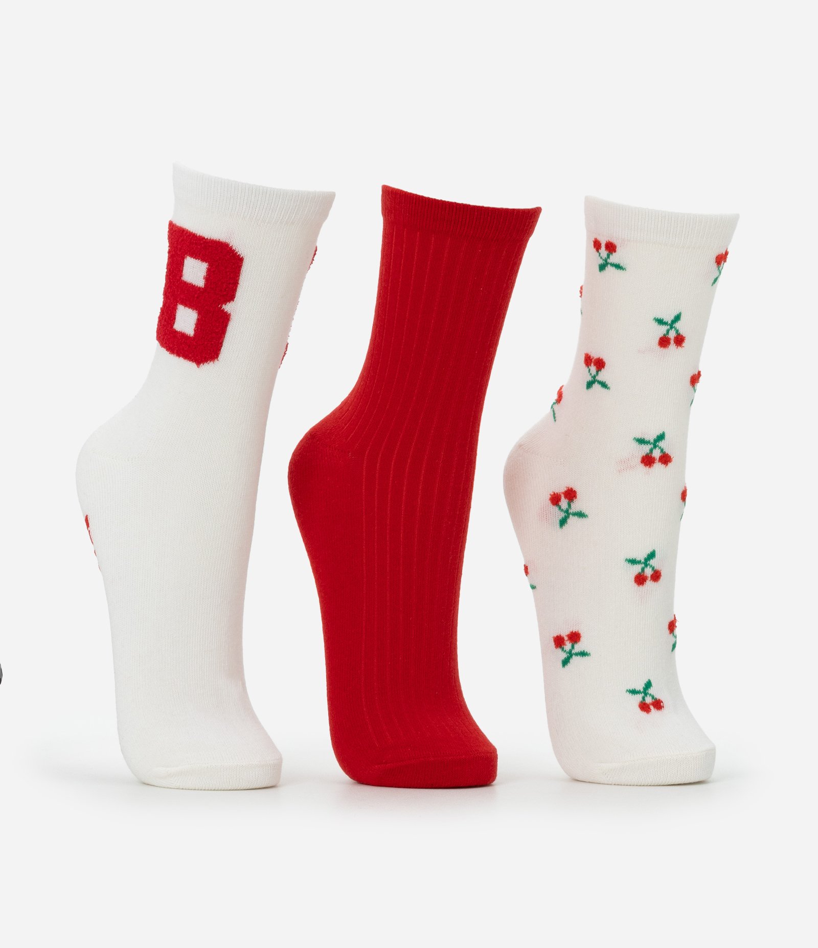 Kit 05 Meias Cano Alto em Algodão com Estampas Fofas Variadas Vermelho/Branco 3