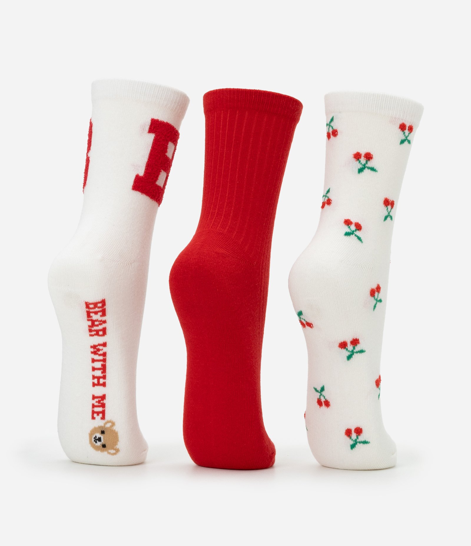 Kit 05 Meias Cano Alto em Algodão com Estampas Fofas Variadas Vermelho/Branco 4