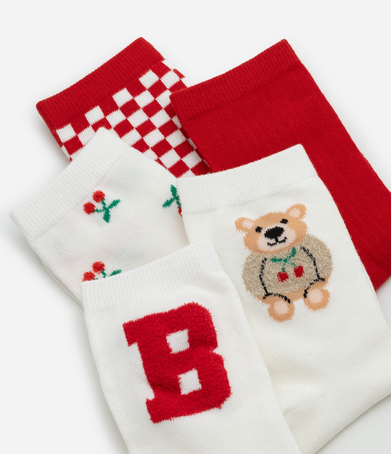 Kit 05 Meias Cano Alto em Algodão com Estampas Fofas Variadas Vermelho/Branco 1