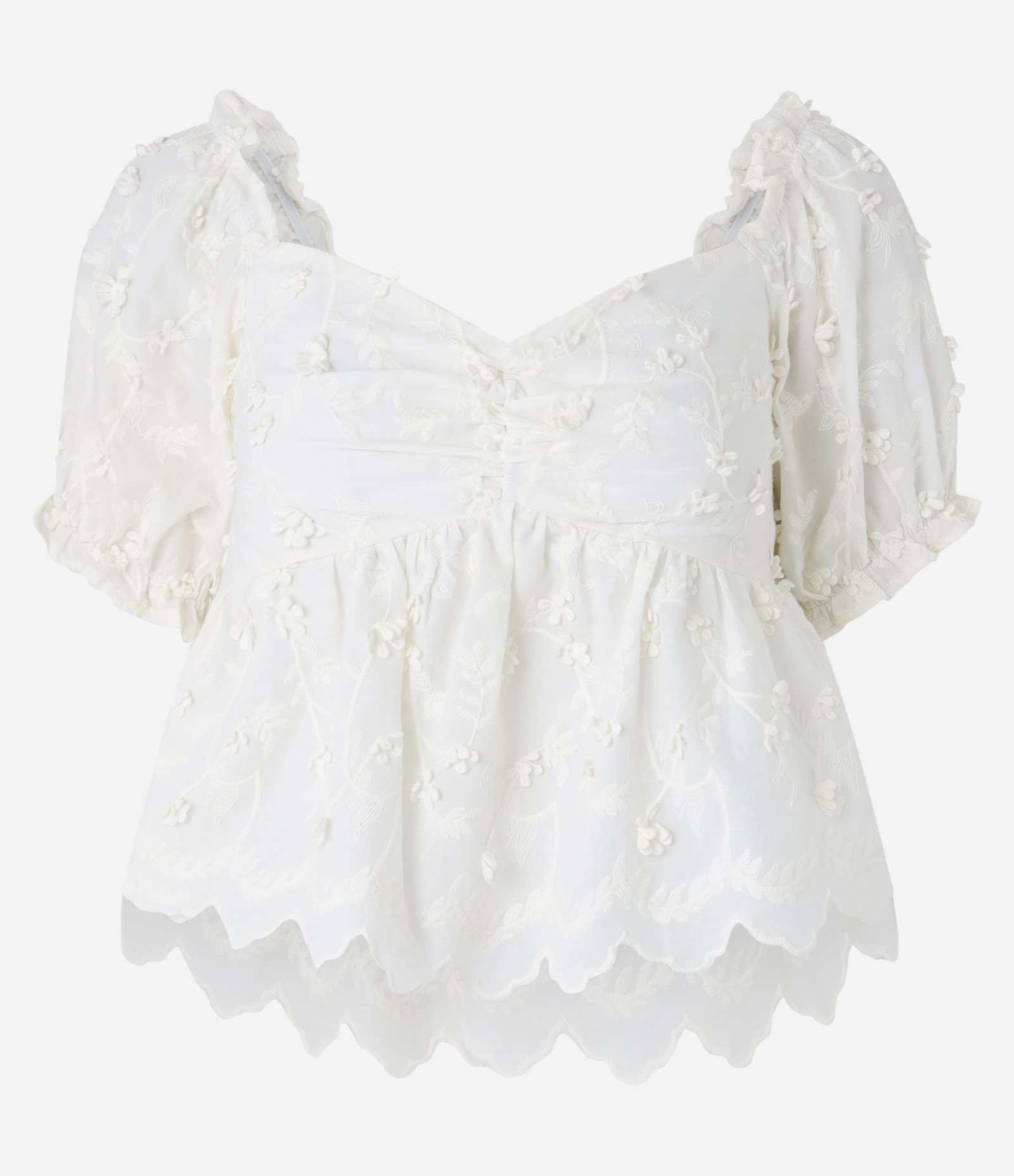 Blusa Peplum em Algodão com Bordado Floral e Manga Bufante Off White 5