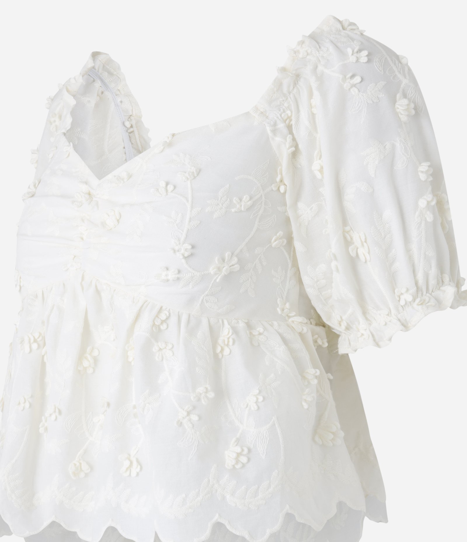 Blusa Peplum em Algodão com Bordado Floral e Manga Bufante Off White 6