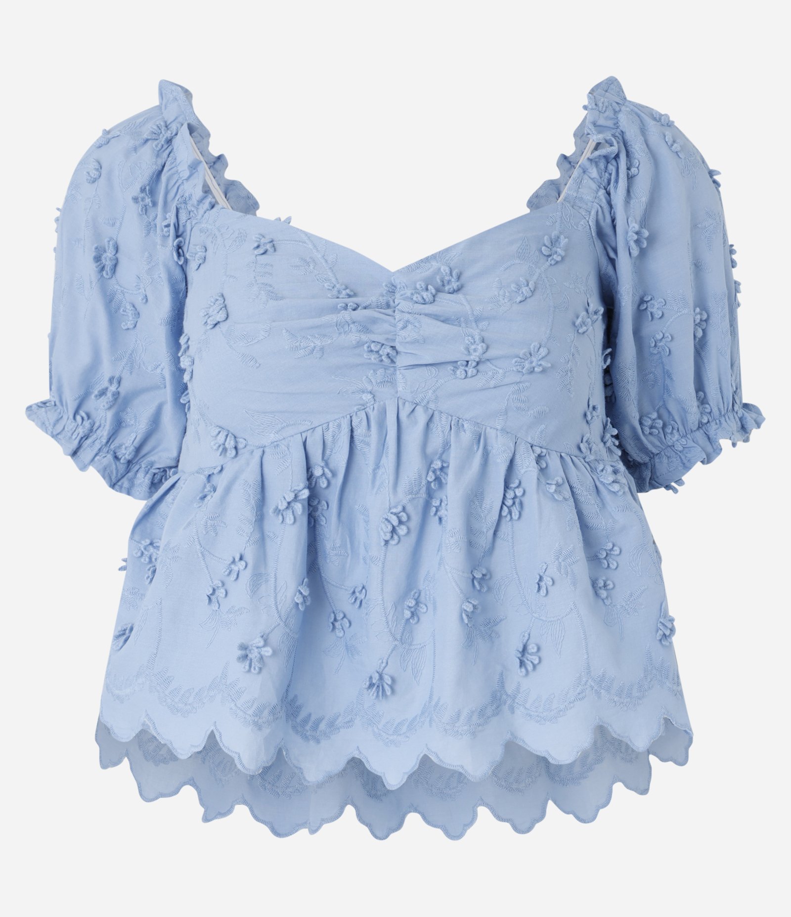 Blusa Peplum em Algodão com Bordado Floral e Manga Bufante Azul 6