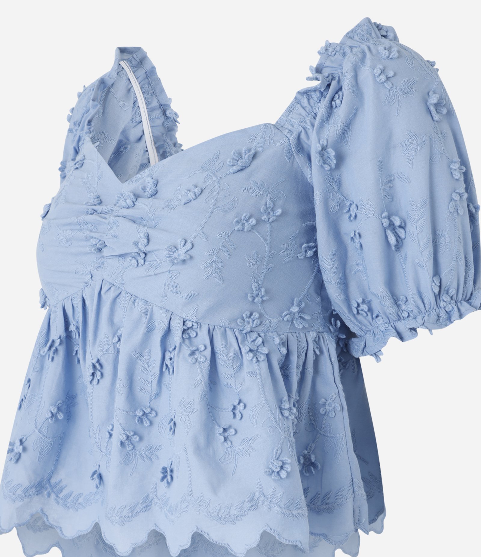 Blusa Peplum em Algodão com Bordado Floral e Manga Bufante Azul 7