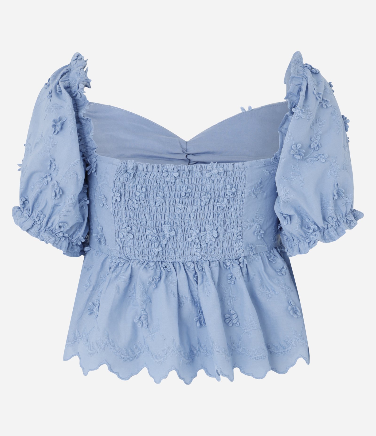 Blusa Peplum em Algodão com Bordado Floral e Manga Bufante Azul 8