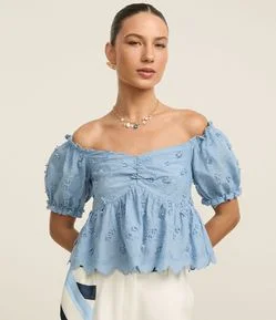 Blusa Peplum em Algodão com Bordado Floral e Manga Bufante