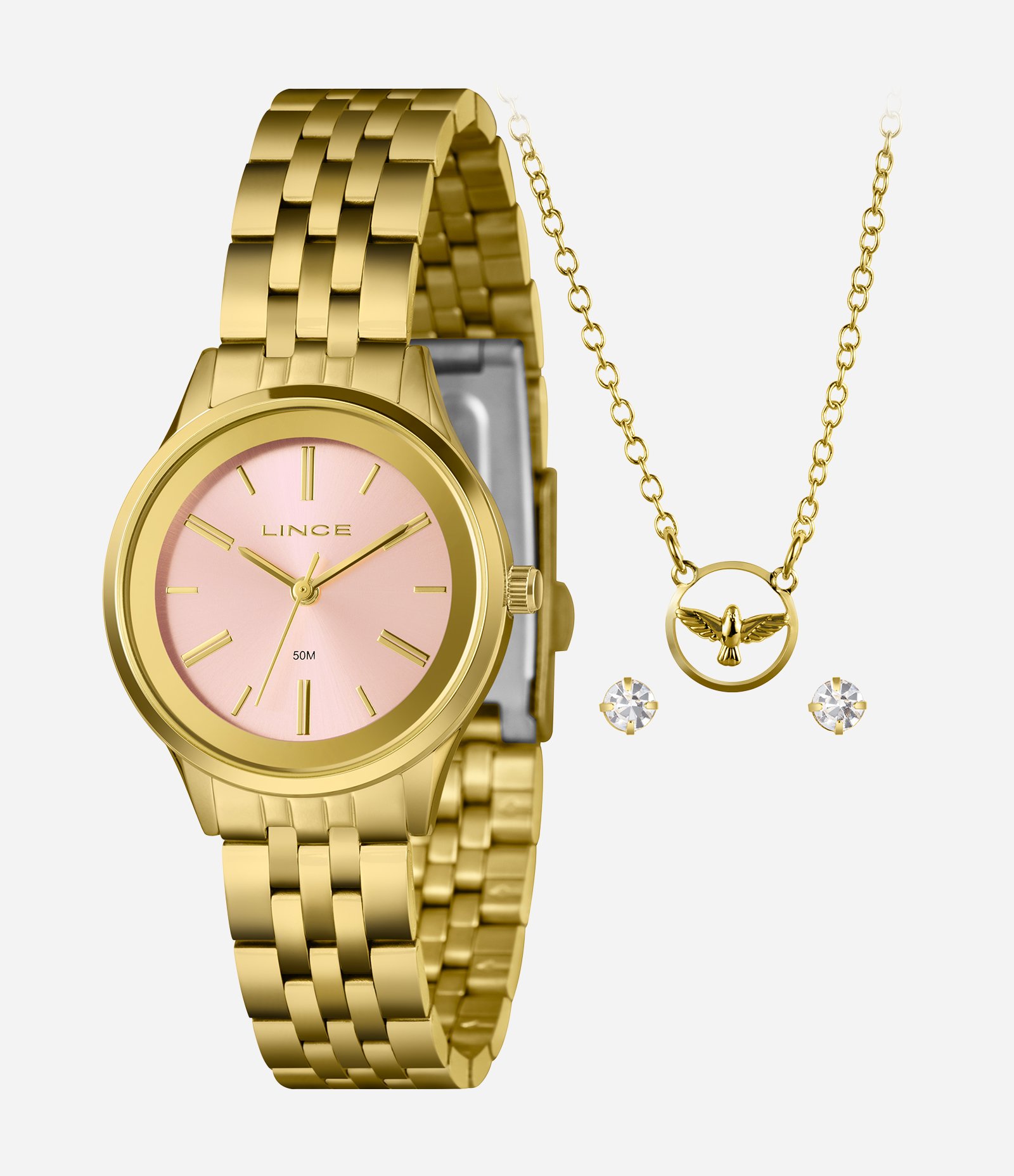 Kit Relógio Analógico Feminino Lince  Dourado 1
