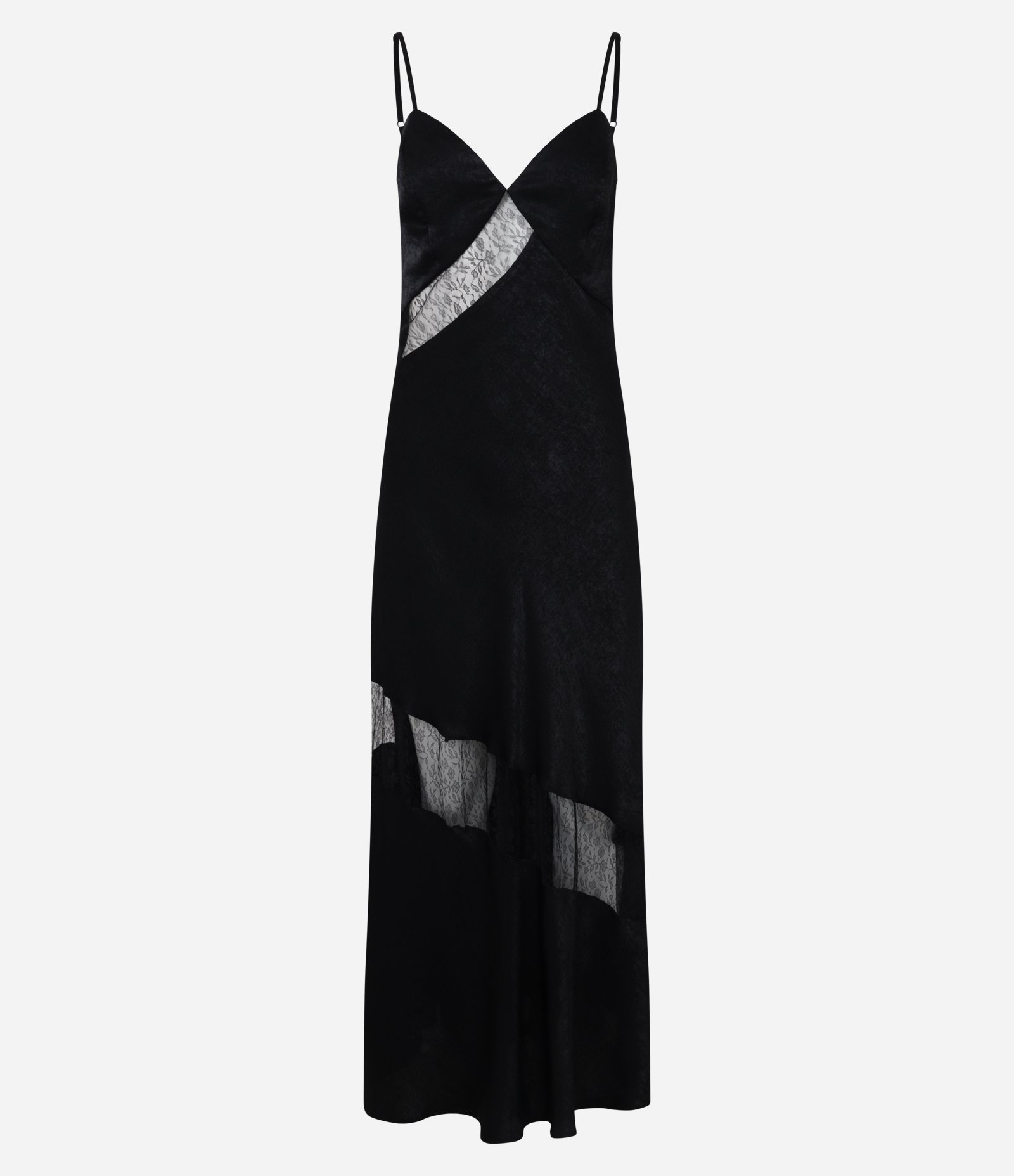 Vestido Evasê Longo em Cetim com Detalhes de Renda e Textura Preto 5