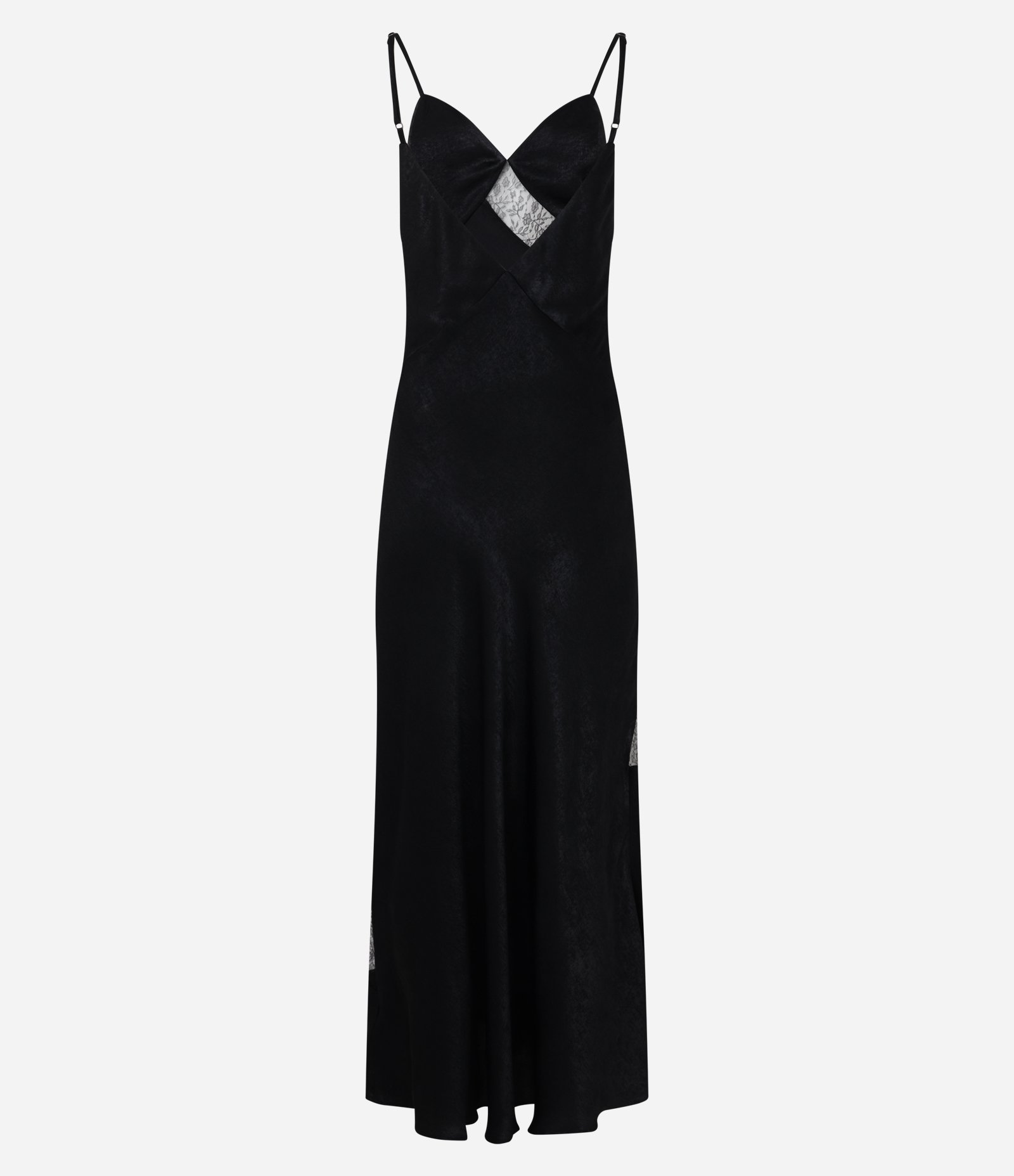 Vestido Evasê Longo em Cetim com Detalhes de Renda e Textura Preto 6