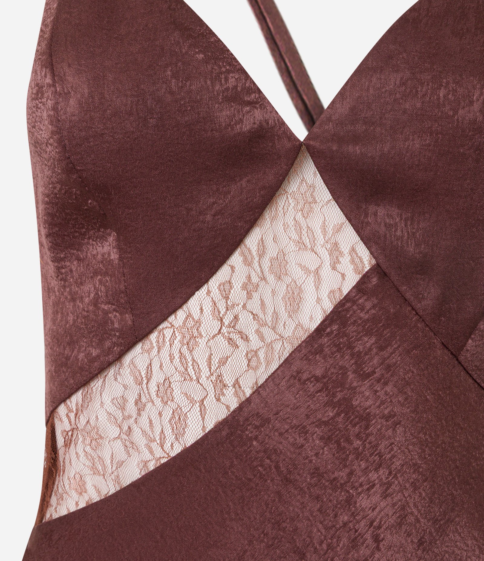 Vestido Evasê Longo em Cetim com Detalhes de Renda e Textura Marrom 8