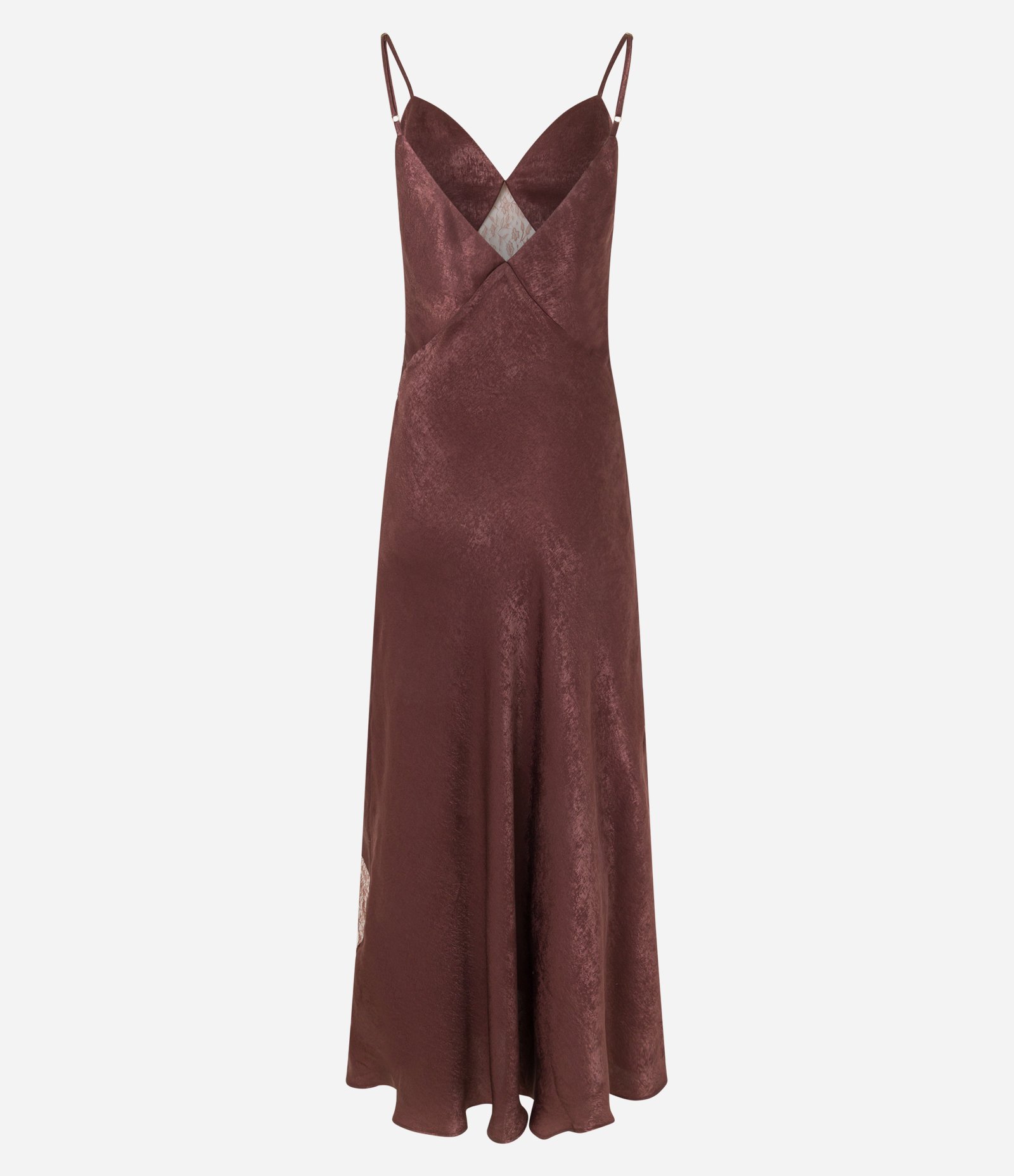 Vestido Evasê Longo em Cetim com Detalhes de Renda e Textura Marrom 9