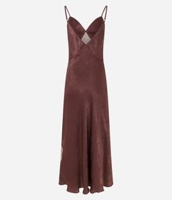 Vestido Evasê Longo em Cetim com Detalhes de Renda e Textura