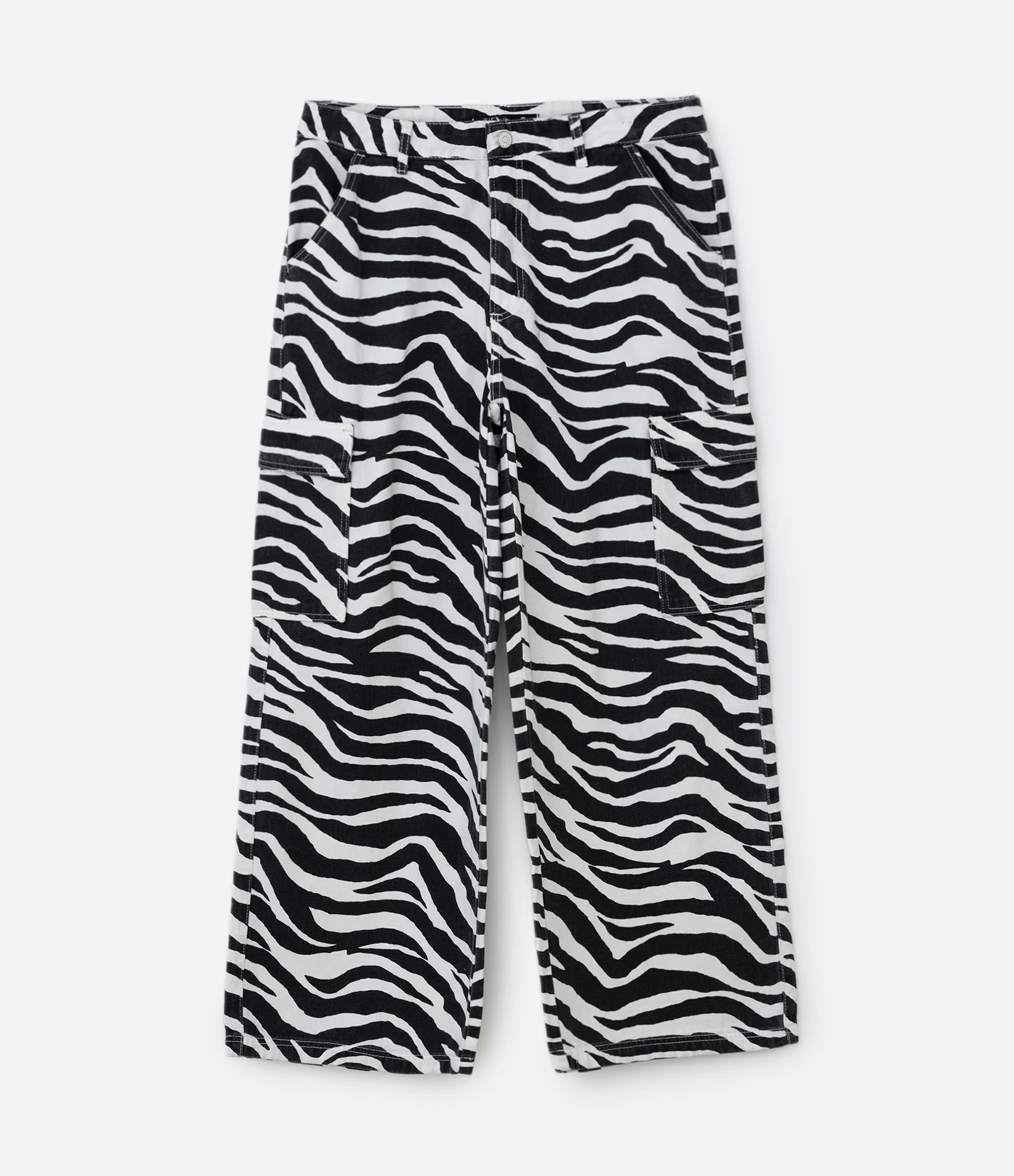 Calça Wide em Sarja com Estampa Animal Print de Zebra e Bolso Cargo Preto/Branco 6