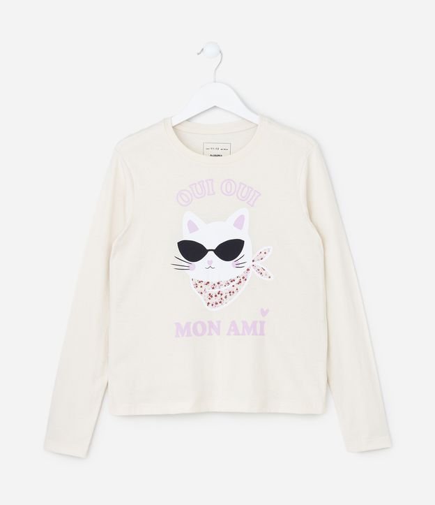 Camiseta Infantil com Estampa Gato de Óculos - Tam 5 a 14 Anos