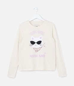 Camiseta Infantil com Estampa Gato de Óculos - Tam 5 a 14 Anos