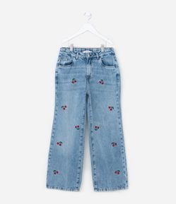 Calça Balloon Infantil em Jeans com Bordado de Cerejas - Tam 5 a 14 Anos