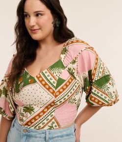 Blusa Estampa de Lenço com Manga 3/4 Curve & Plus Size