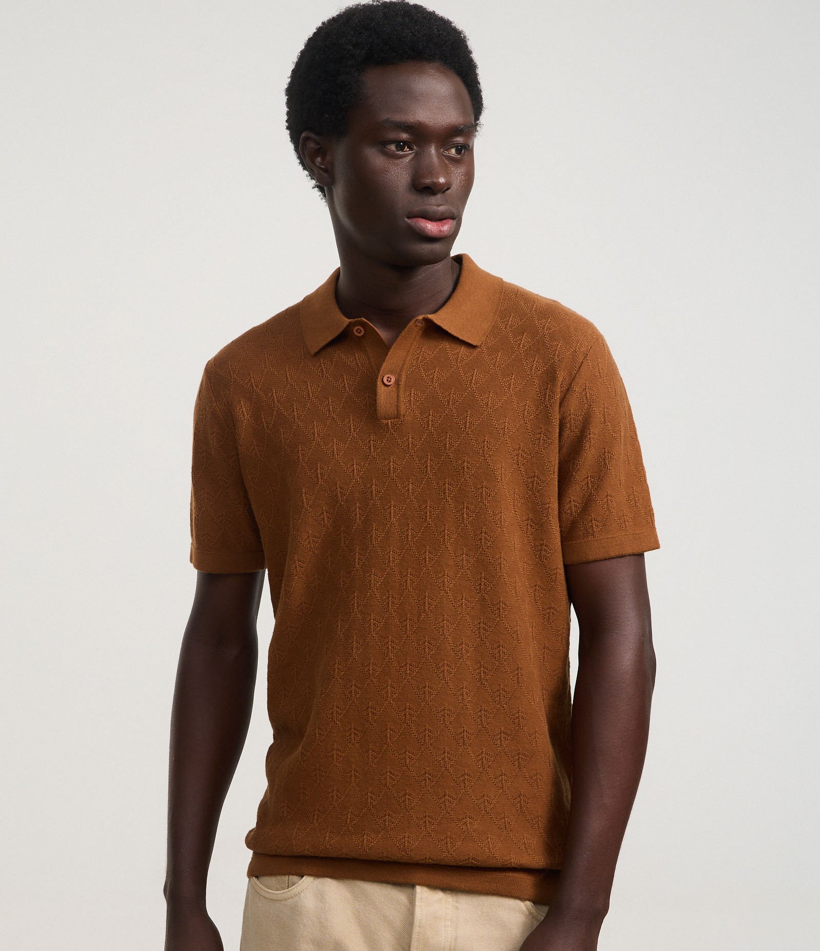 Camisa Polo Regular em Algodão com Textura Geométrica Marrom 1