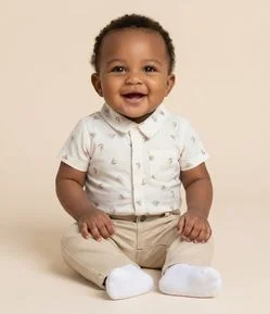 Body Camisa em Tricoline com Mini Ícones - Tam 0 a 18 Meses