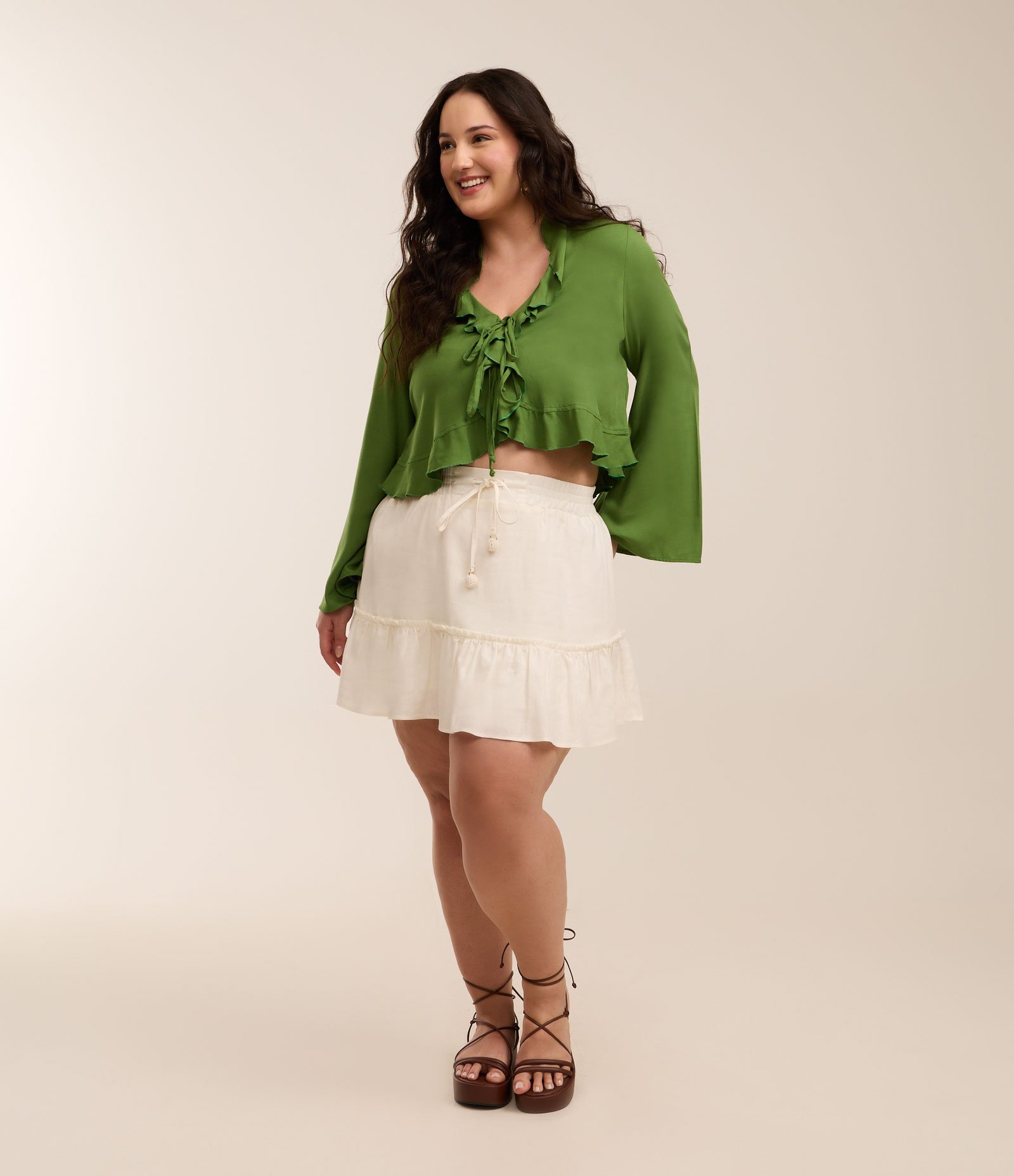 Saia Curta em Linho e Viscose com Amarração no Cós Curve & Plus Size Branco 1