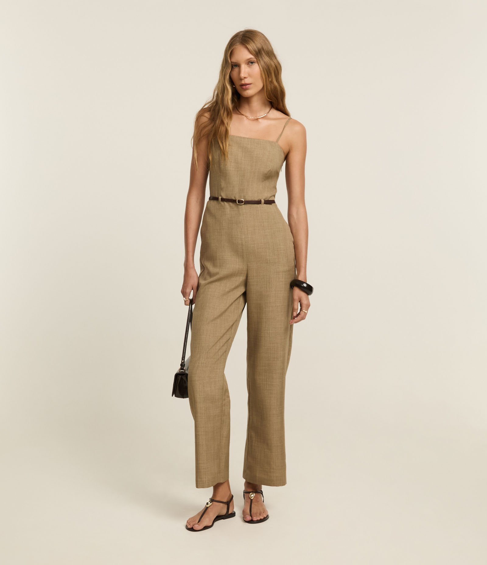 Macacão Alfaiataria com Alça Fina e Cinto de PU Marrom 1