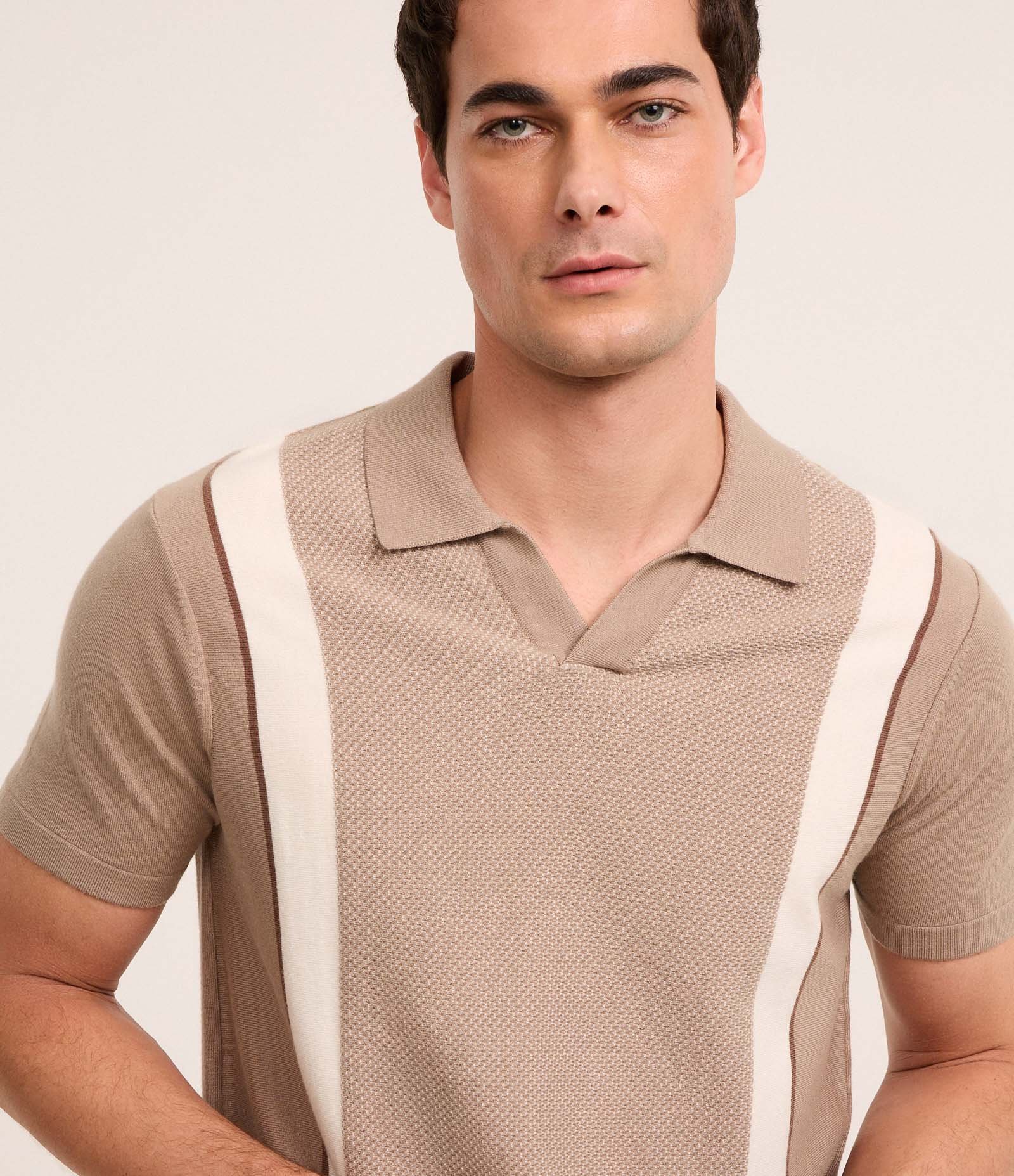 Camisa Polo Slim Tricô com Listras Gola em V e Texturizada Marrom 4