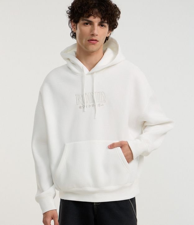 Casaco Boxy em Moletom com Felpa com Capuz e Estampa Oriental e Lettering