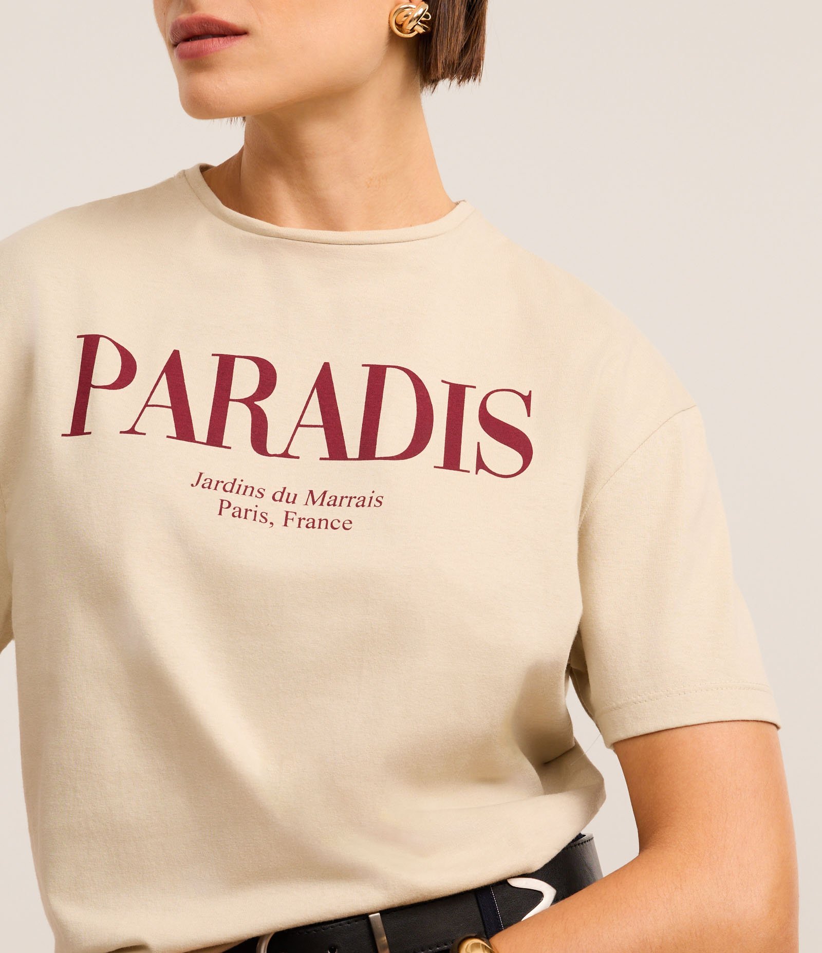 Camiseta em Algodão com Lettering Paradis Bege 1