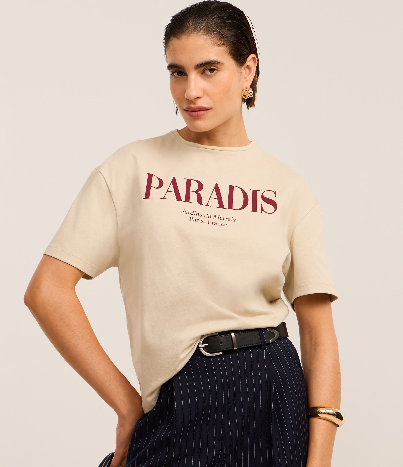 Camiseta em Algodão com Lettering Paradis Bege 2