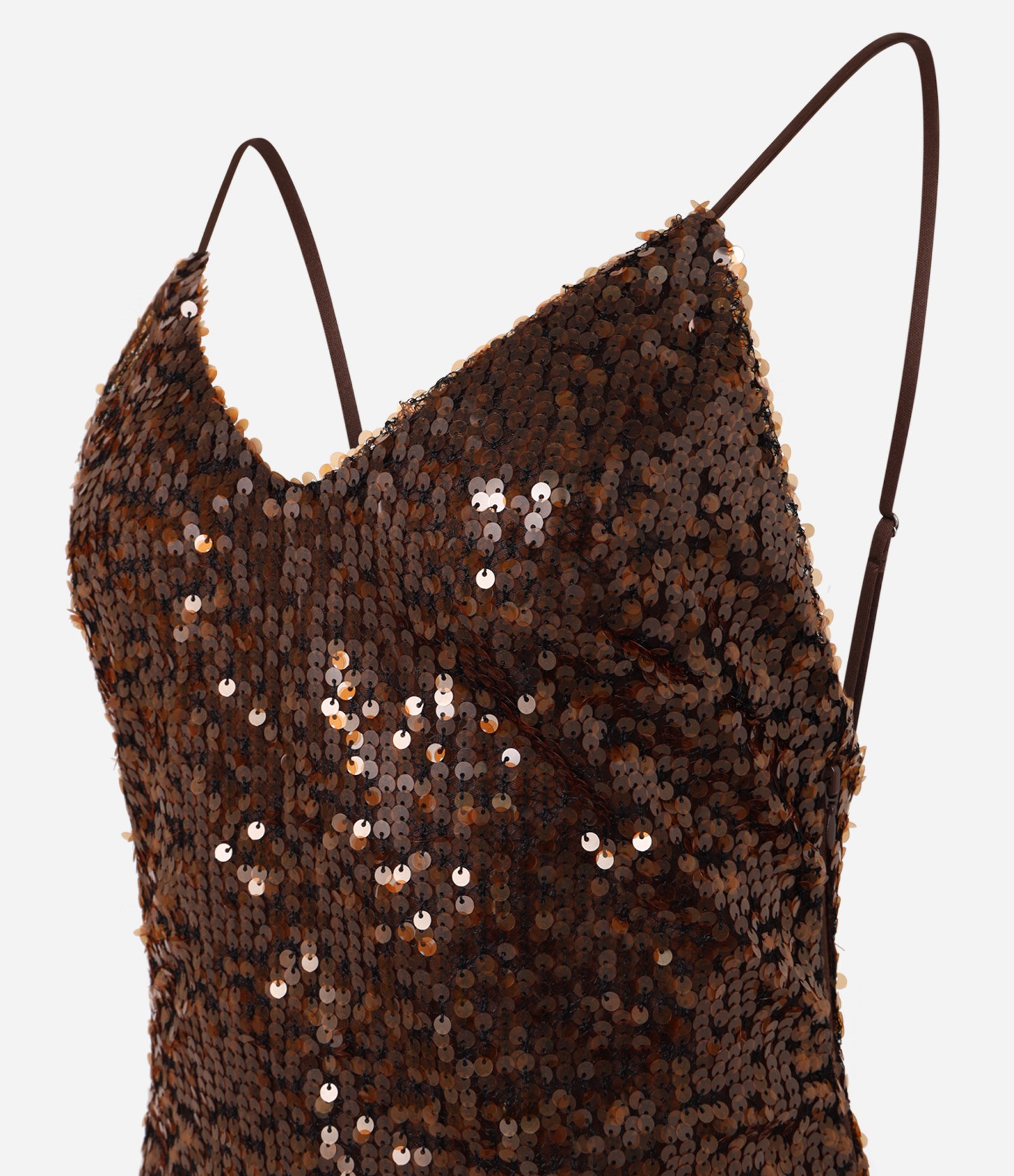 Vestido New Midi em Paetê com Alças Finas Marrom 10