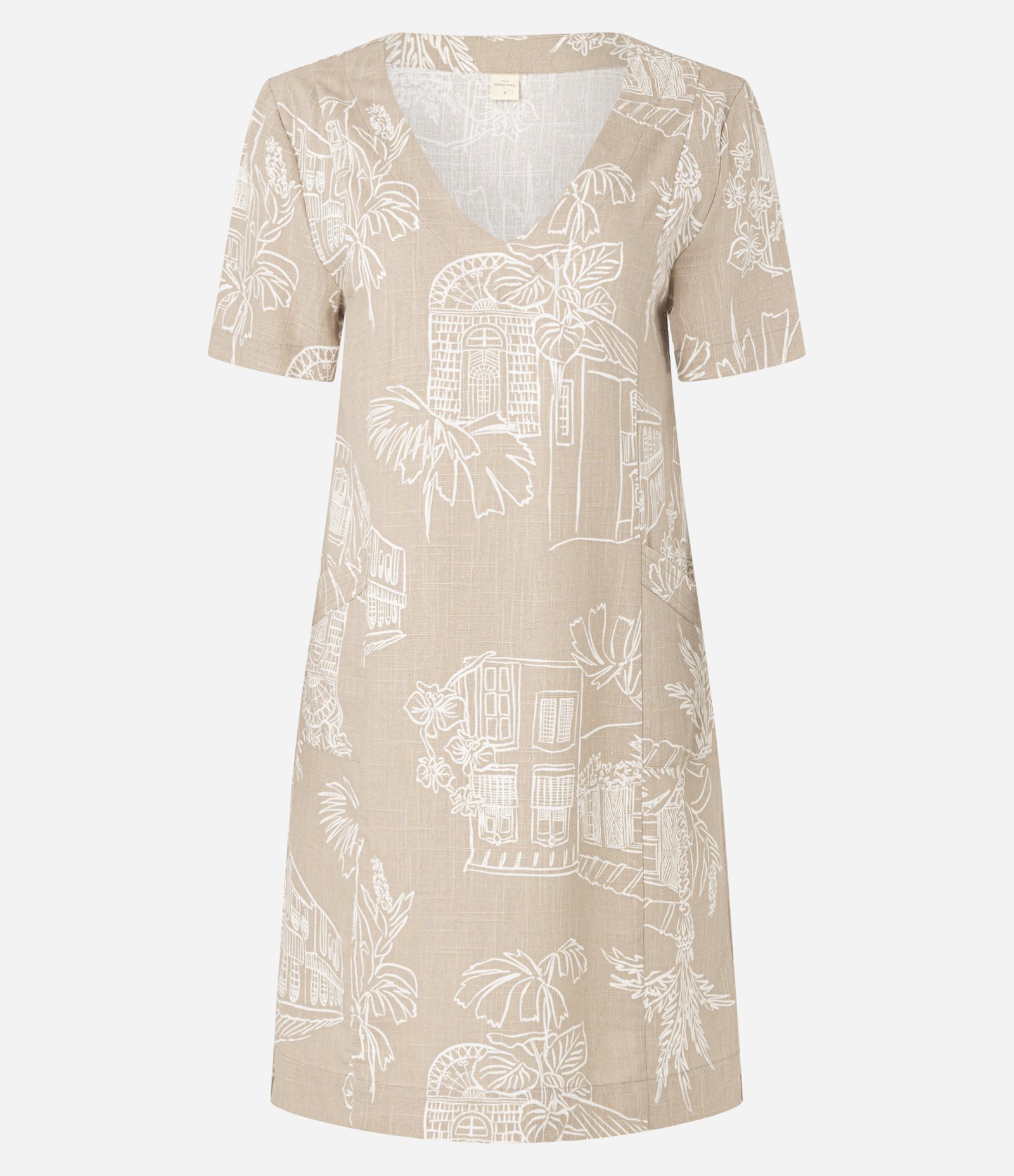 Vestido T-Shirt Curto em Viscolinho com Estampa Folhagens Bege 6