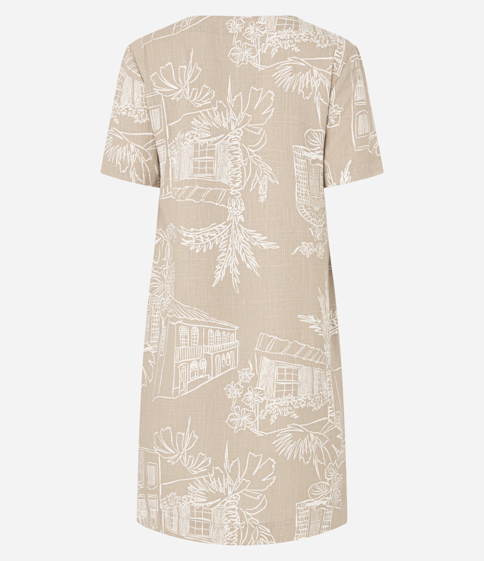 Vestido T-Shirt Curto em Viscolinho com Estampa Folhagens Bege 7
