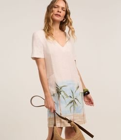Vestido T-Shirt em Viscolinho com Estampa Paisagem e Coqueiros