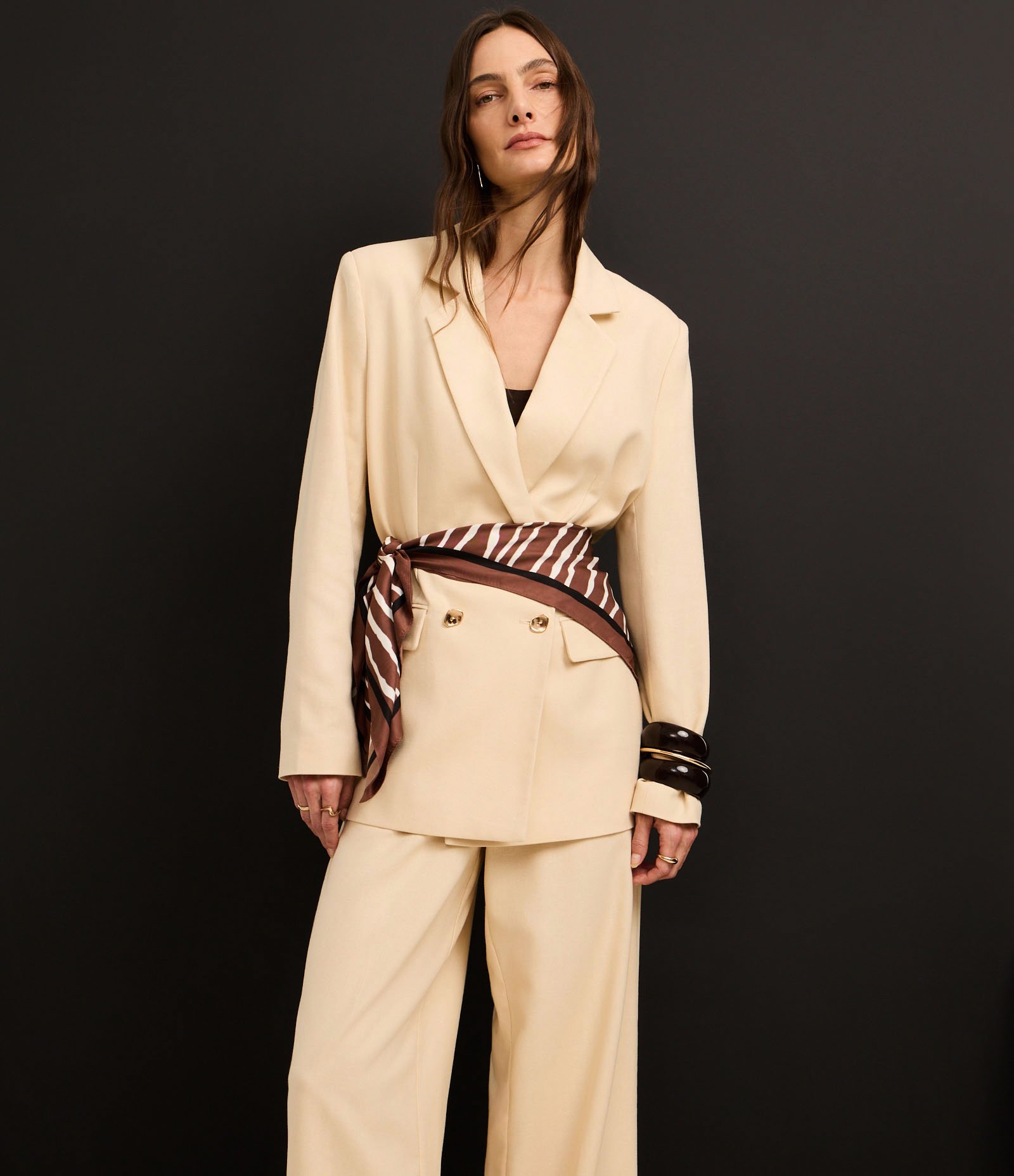 Calça Wide Leg Cintura Alta com Linho e Cinto Elástico Bege 5