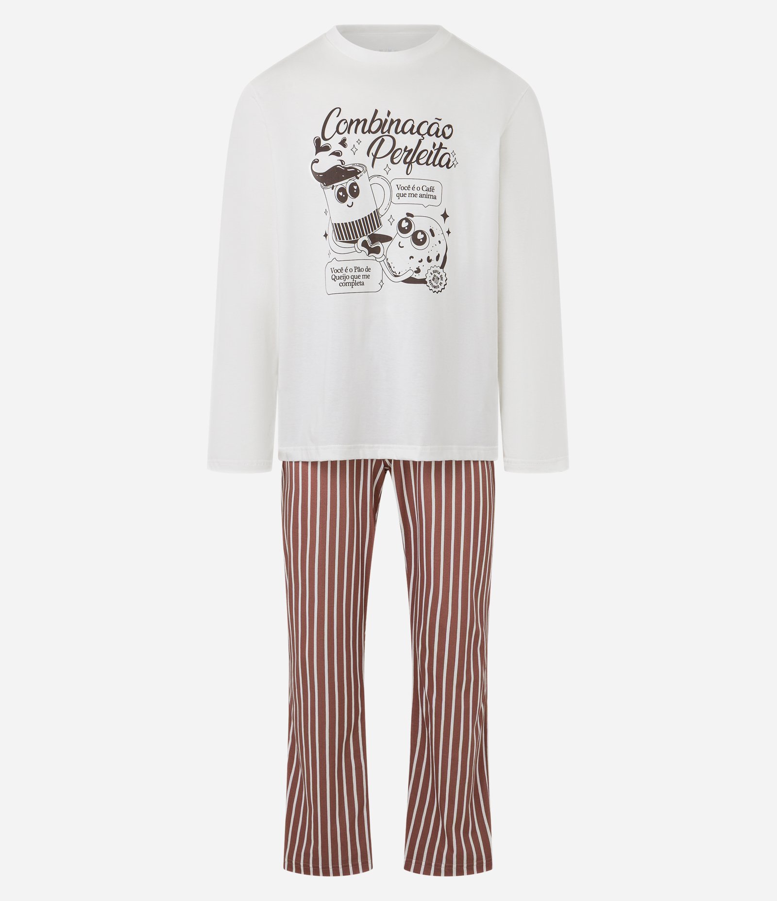 Pijama Longo em Chenille com Estampa Combinação Perfeita Branco/Marrom 1